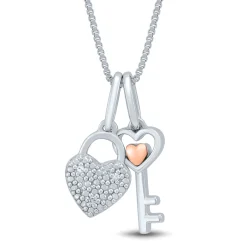 Diamond Accent Heart And Key Necklace In Sterling Silver And 14K Rose Gold