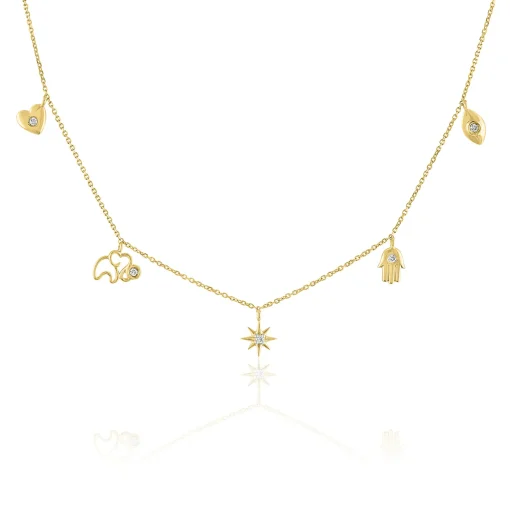 Diamond Accent Multi-Charm Necklace In 10K Yellow Gold