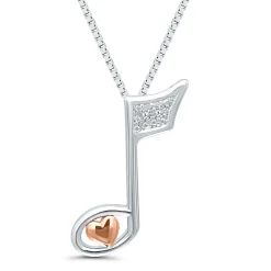 Diamond Accent Music Note Pendant In Sterling Silver And 14K Rose Gold