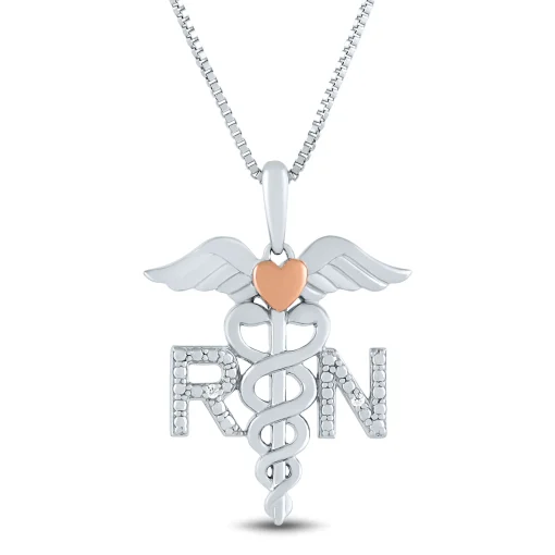 Diamond Accent Nurse Caduceus Pendant In Sterling Silver And 14K Rose Gold
