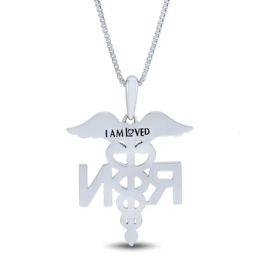 Diamond Accent Nurse Caduceus Pendant In Sterling Silver And 14K Rose Gold
