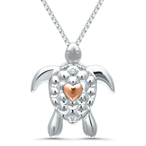 Diamond Accent Sea Turtle Pendant In Sterling Silver And 14 Rose Gold