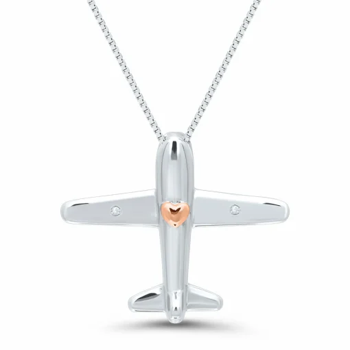 Diamond Airplane Pendant In Sterling Silver & 14K Rose Gold