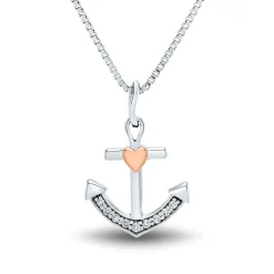 Diamond Anchor Pendant In Sterling Silver & 14K Rose Gold
