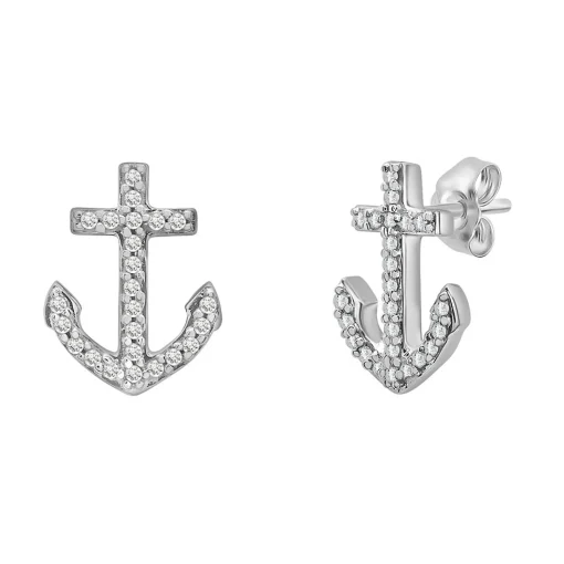 Diamond Anchor Stud Earrings In 10K White Gold (1/10Ct. Tw.)