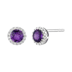 Diamond And Amethyst Stud Earrings In 14K White Gold