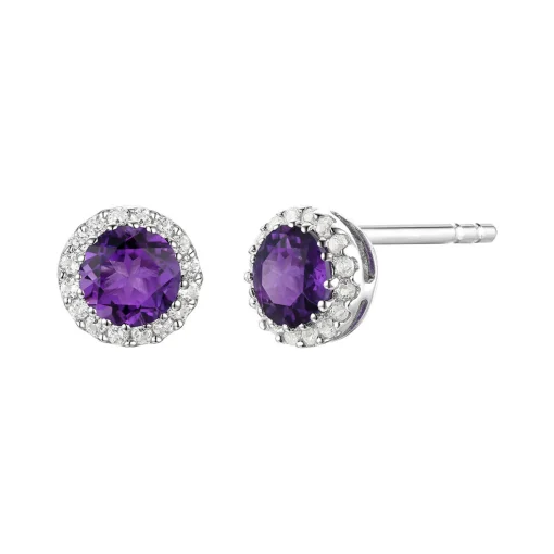 Diamond And Amethyst Stud Earrings In 14K White Gold