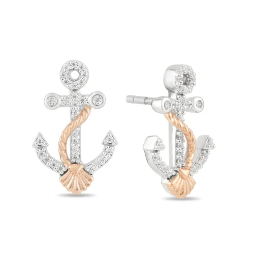 Diamond Ariel Anchor Stud Earrings In Sterling Silver & 10K Rose Gold (1/10 Ct. Tw.)