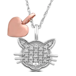 Diamond Cat Necklace With 10K Rose Gold Heart In Sterling Silver (1/10 Ct. Tw.)
