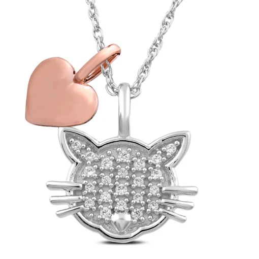 Diamond Cat Necklace With 10K Rose Gold Heart In Sterling Silver (1/10 Ct. Tw.)