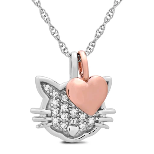 Diamond Cat Necklace With 10K Rose Gold Heart In Sterling Silver (1/10 Ct. Tw.)