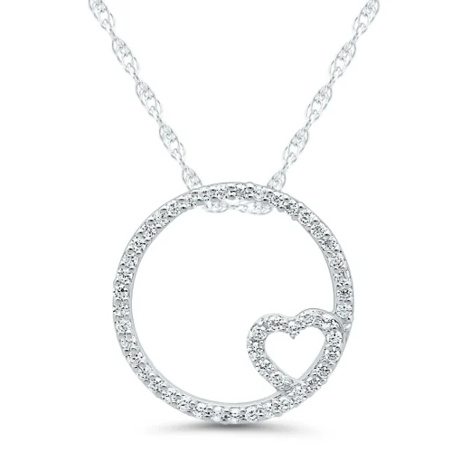 Diamond Circle Pendant With Heart In 10K White Gold (1/7 Ct. Tw.)