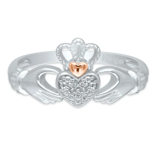 Diamond Claddagh Ring In Sterling Silver & 14K Rose Gold