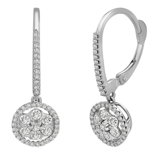 Diamond Cluster Drop Earrings With Halos In 10K White Gold (1/2 Ct. Tw.)
