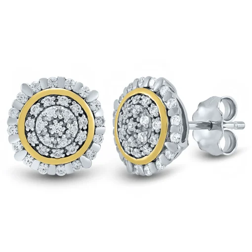 Diamond Cluster Stud Earrings With Two Tones In Sterling Silver & 10K Yellow Gold (1/4 Ct. Tw.)