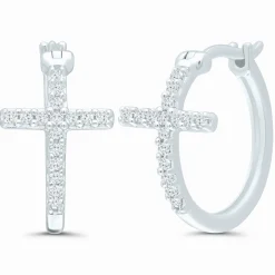 Diamond Cross Huggie Hoop Earrings In 10K White Gold (1/10 Ct. Tw.)