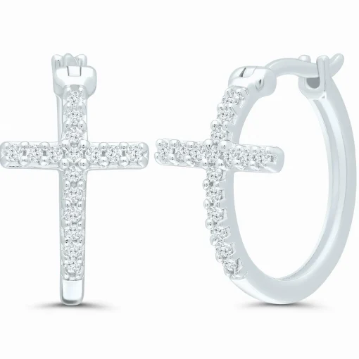 Diamond Cross Huggie Hoop Earrings In 10K White Gold (1/10 Ct. Tw.)
