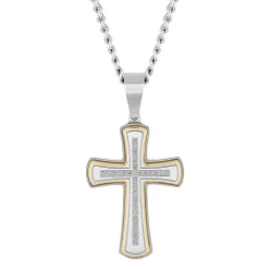 Diamond Cross Pendant In Stainless Steel And Yellow Ion-Plated Stainless Steel