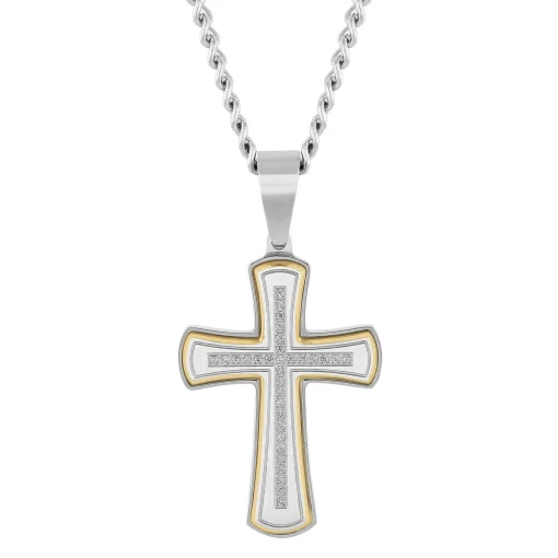 Diamond Cross Pendant In Stainless Steel And Yellow Ion-Plated Stainless Steel