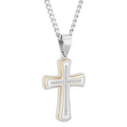 Diamond Cross Pendant In Stainless Steel And Yellow Ion-Plated Stainless Steel