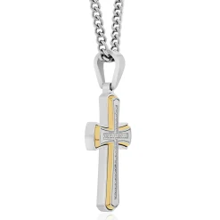 Diamond Cross Pendant In Stainless Steel And Yellow Ion-Plated Stainless Steel