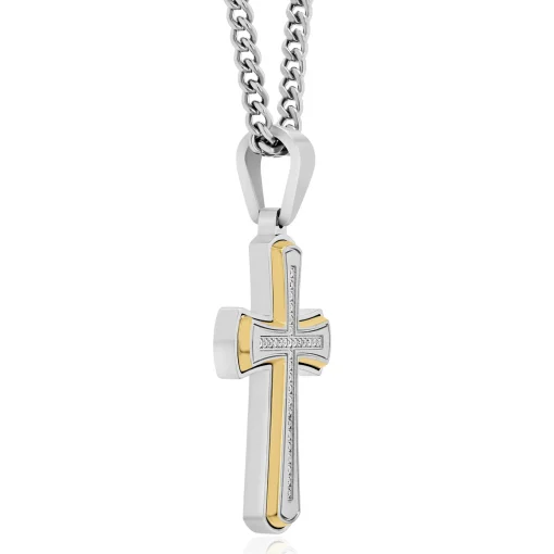Diamond Cross Pendant In Stainless Steel And Yellow Ion-Plated Stainless Steel