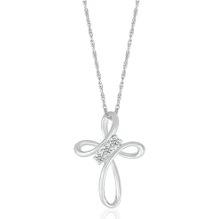 Diamond Cross Pendant With Three-Stone Design In 10K White Gold (1/8 Ct. Tw.)