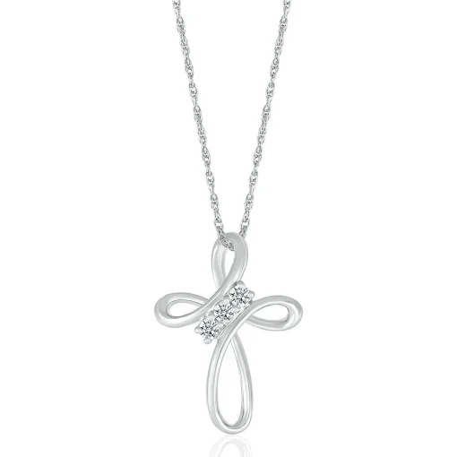 Diamond Cross Pendant With Three-Stone Design In 10K White Gold (1/8 Ct. Tw.)