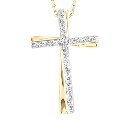 Diamond Cross Pendant With Tilt In 10K Yellow & White Gold (1/7 Ct. Tw.)