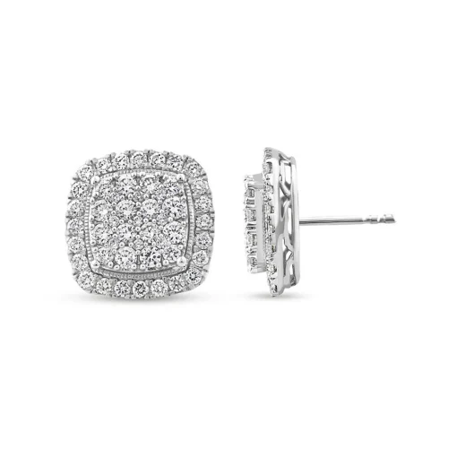 Diamond Cushion Cluster Halo Earrings In 14K White Gold (2 Ct. Tw.)