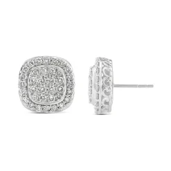 Diamond Cushion Cluster Halo Earrings In 14K White Gold (1 1/2 Ct. Tw.)