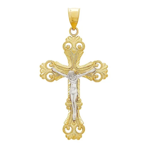 Diamond Cut Crucifix Charm In 14K Yellow & White Gold