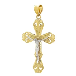 Diamond Cut Crucifix Charm In 14K Yellow & White Gold