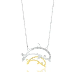 Diamond Dolphin Necklace In Sterling Silver & 14K Yellow Gold