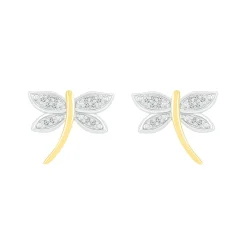 Diamond Dragonfly Earrings In Sterling Silver & 10K Yellow Gold