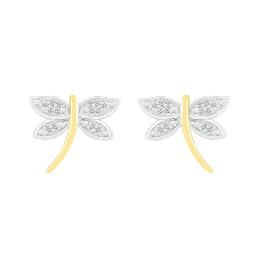 Diamond Dragonfly Earrings In Sterling Silver & 10K Yellow Gold
