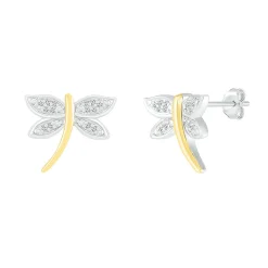 Diamond Dragonfly Earrings In Sterling Silver & 10K Yellow Gold