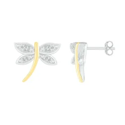 Diamond Dragonfly Earrings In Sterling Silver & 10K Yellow Gold