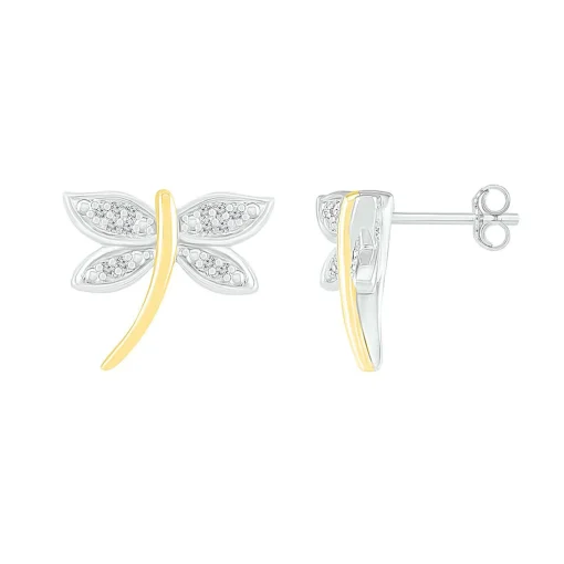 Diamond Dragonfly Earrings In Sterling Silver & 10K Yellow Gold