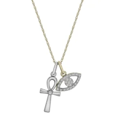 Diamond Evil Eye & Cross Charm Pedant In Sterling Silver & 10K Yellow Gold