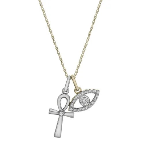Diamond Evil Eye & Cross Charm Pedant In Sterling Silver & 10K Yellow Gold