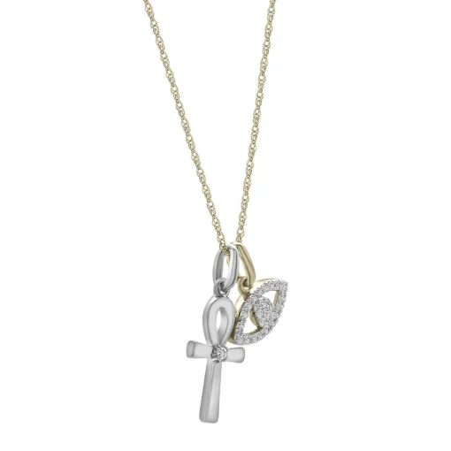 Diamond Evil Eye & Cross Charm Pedant In Sterling Silver & 10K Yellow Gold