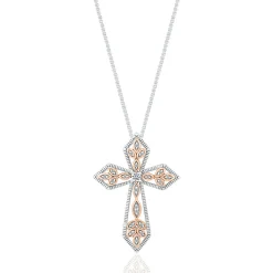 Diamond Filigree Open Cross Pendant In Sterling Silver & 10K Rose Gold