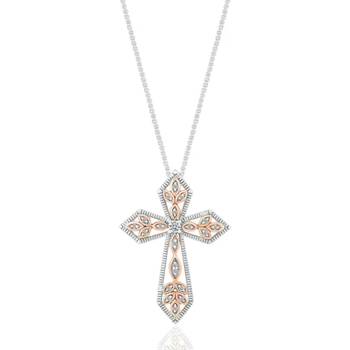 Diamond Filigree Open Cross Pendant In Sterling Silver & 10K Rose Gold