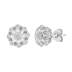 Diamond Flower Earrings In Sterling Silver