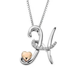 Diamond H Initial Pendant In Sterling Silver & 14K Rose Gold