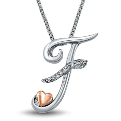 Diamond I Am Loved "F" Pendant In Sterling Silver & 14K Rose Gold