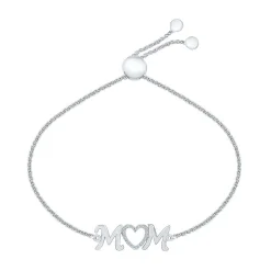 Diamond "Mom" Heart Bolo Bracelet In Sterling Silver