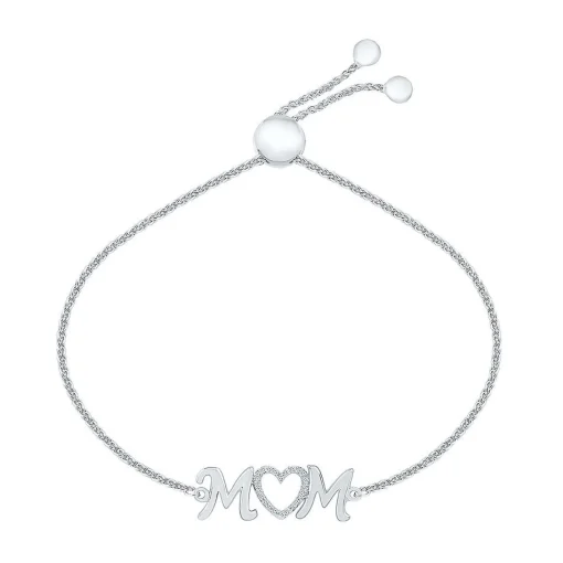 Diamond "Mom" Heart Bolo Bracelet In Sterling Silver