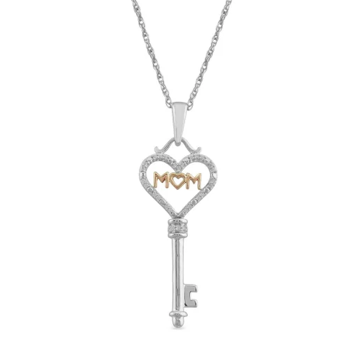 Diamond "Mom" Key Pendant In Sterling Silver & 10K Rose Gold